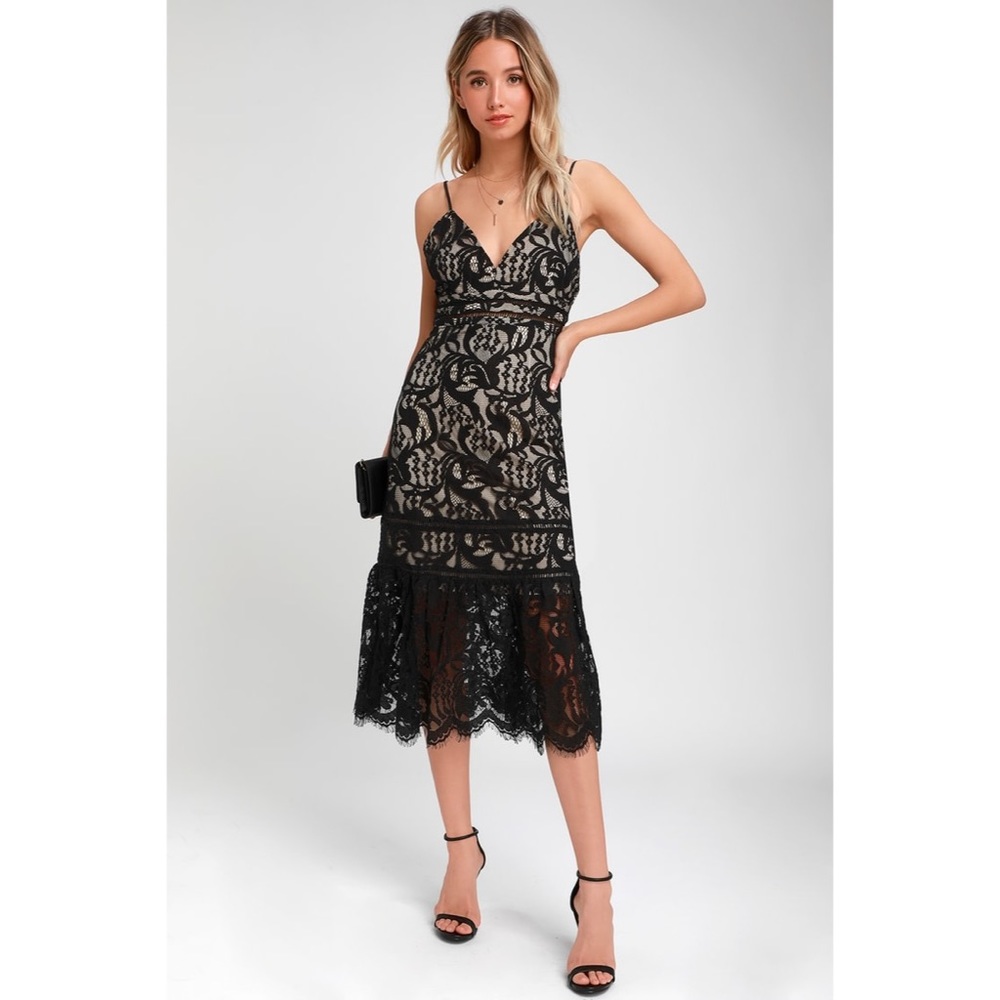 Lulus Hope You Dance Black and Nude Lace Midi Dress